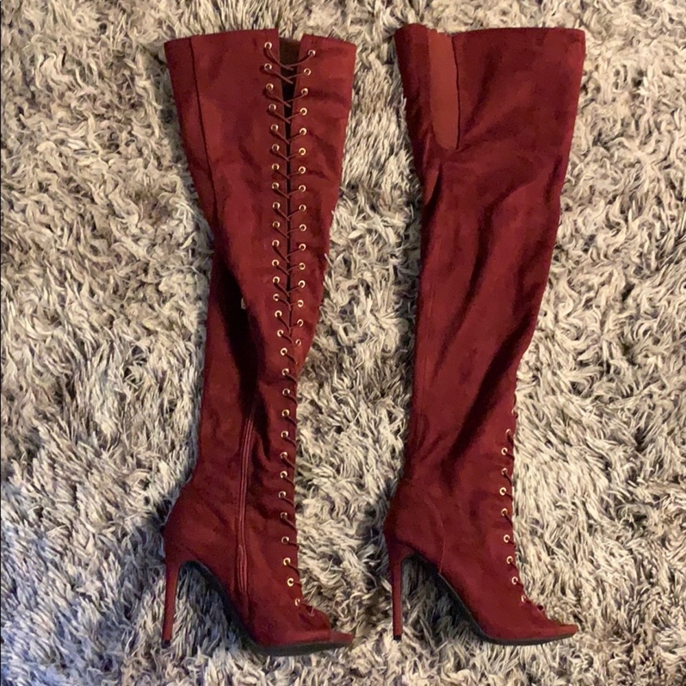 Over the knee open toe boots, burgundy